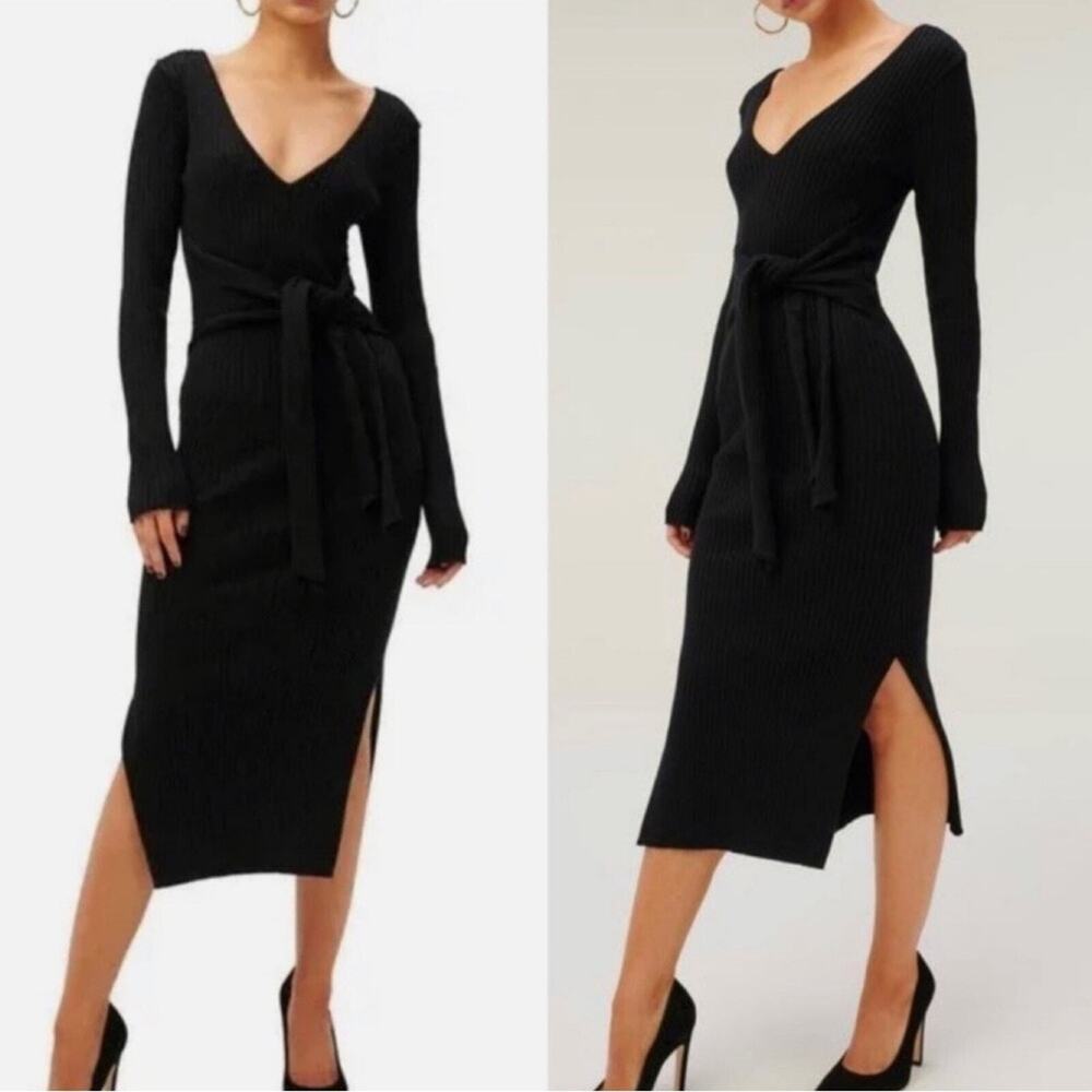 Good American Belted Body Dress Black Size 3 L Dolman Sleeve Rib Knit Midi NWT - Picture 10 of 11